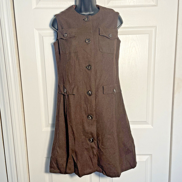 Vintage 70s Susan Thomas Shirt Dress Women 10 Brown Wool Sleeveless Pockets - Picture 1 of 13